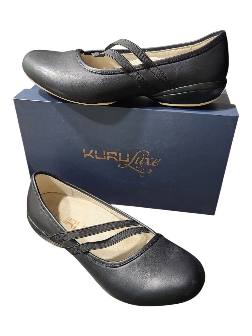 KURU Bella Jet Black Leather Cross-Strap Ballet Flats Size 7